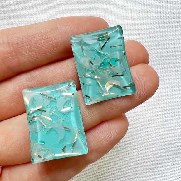 1950s VINTAGE Glitter Moons Aqua Lucite Clip Earrings - Picture 2 of 3
